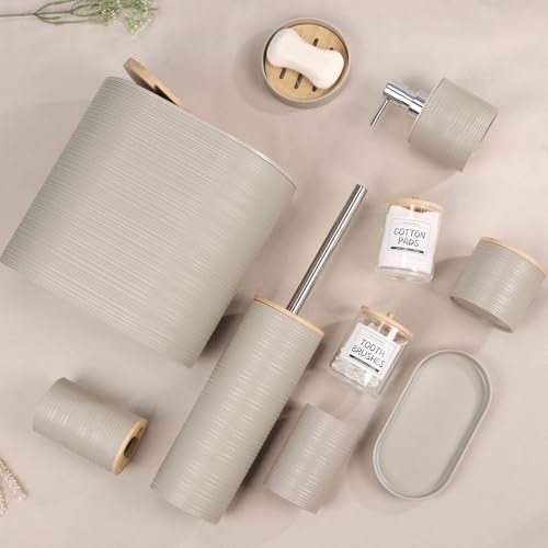IMAVO Bathroom Accessory Set-11Pcs Beige Bathroom Accessories Set with Trash Can,Soap Dispenser,Soap Dish,Toothbrush Holder,Toothbrush Cup,Toilet Brush Holder,Qtip Holder Dispenser with Labels - color: Apricot, size: 11 PCS Bathroom Set