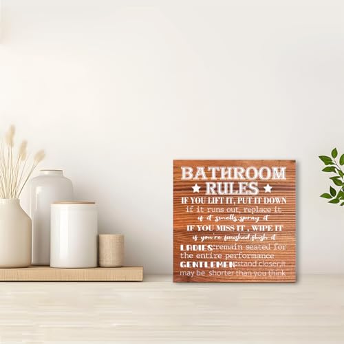 Farmhouse Wood Sign - Bathroom Rules & Decor, Wooden Block Sign for Shelf, Tabletop, Desk - color: Wood Color