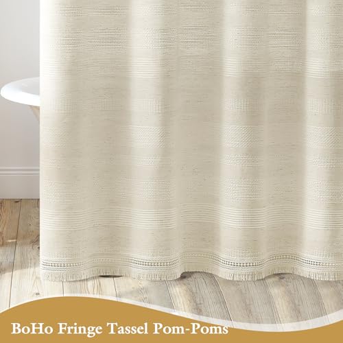 Long Boho Farmhouse Shower Curtain Set with Tassel, Linen Bohemian French Country Chic Bathroom Shower Curtain Set, Modern Striped Textured Shower Curtain 72x78 - Beige/Cream - color: Beige, size: 72"W x 78"L (Pack of 1)