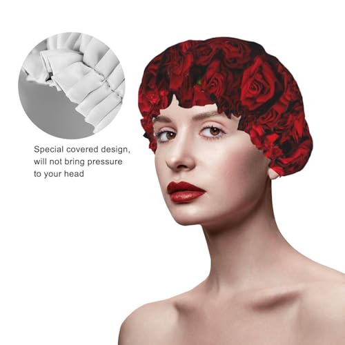 Red Rose Flowers Shower Cap For Women Reusable Waterproof Double Layers Bath Cap Hair Protection Elastic Ladies Spa Salon Shower Hat - color: Red Rose Flowers