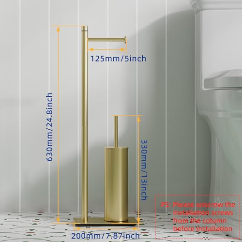 RUACQ Toilet Paper Holder Stand with Toilet Brush and Holder Set, 304 Stainless Steel Bathroom Toilet Tissue Paper Roll Holder Free Standing, Weighted Base, Heavy Duty (Brushed Gold) - color: Brushed Gold, size: Free standing