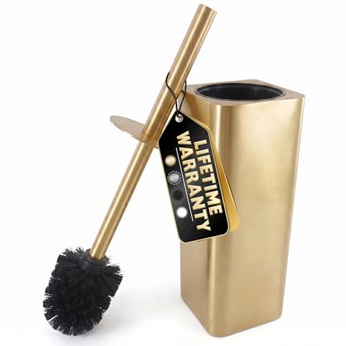 Gold Toilet Brush and Holder Set - Instantly Elevate Your Bathroom Style - Stainless Steel Toilet Bowl Brush and Holder with 2 Rounded Corners, Replaceable Head, Removable Inner Bowl & Splash Guard - color: Gold Squircle