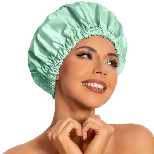 Edoneery Reusable Shower Caps for Women, Waterproof Long Hair Bonnet | Washable Design, Wide Elastic Band, Large Fit, Holds Long Hair, Braids Friendly, Bath Accessories, Spa, Travel - color: Green Bean