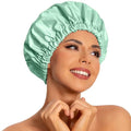 Edoneery Reusable Shower Caps for Women, Waterproof Long Hair Bonnet | Washable Design, Wide Elastic Band, Large Fit, Holds Long Hair, Braids Friendly, Bath Accessories, Spa, Travel - color: Green Bean