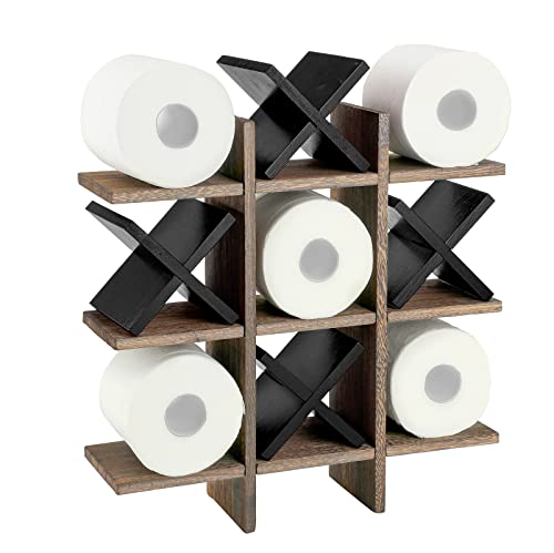 Weysat Tic Tac Toe Toilet Paper Holder Stand Bathroom Wall Decor Rustic Wooden Hanging Storage Freestanding Wall Mounted Shelves Decor for Toilet Tissue Farmhouse - color: Brown, Black