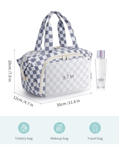 Narwey Travel Toiletry Bag for Women Checkered Large Capacity Makeup Bag Wide Open Cosmetic Make Up Organizer with Wet Pocket for Towel Travel Bag for Toiletries Essentials (Greyish Blue Checkerboard) - color: Greyish Blue Checkerboard