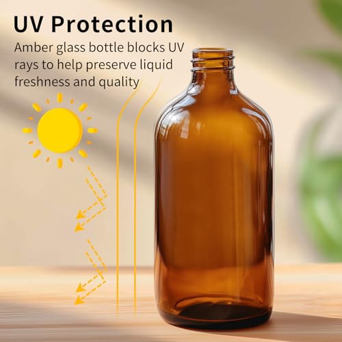 15 Pack 16oz Amber Glass Boston Round Bottles with Phenolic Polycone Caps – Airtight, Leak-Proof Brown Glass Containers for Kombucha Brewing, Storing Condiments, Essential Oils, and Homemade Solutions - size: 16oz