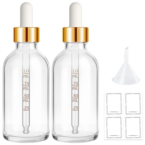 Bumobum 2 Pack, 2 oz Golden Cap Clear Glass Eye Dropper Bottle with Labels and Funnel, Leakproof Tincture Bottle with Measured Dropper for Essential Oils Bottles - color: Clear Golden Cap