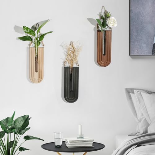 Dnnnii Indoor Wood Wall Planter Set of 3 for Plants - Boho Handmade Hanging Propagation Station with Curved Rainbow Design, Wall Mounted Vase for Flowers, Natural Home Decor Living Room Entryway - color: Black + Brown + Dark Brown