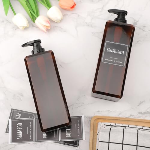 Segbeauty 33.8oz Amber Soap Dispenser Empty, 2pcs Large Plastic Pump Bottle Dispenser with Labels, Square Pump Bottles for Shampoo and Conditioner, 1000ml Bathroom Body Wash Container Refillable - color: Amber, style: 2pcs