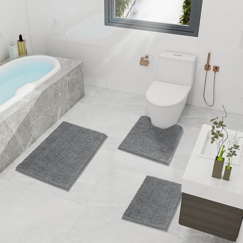 TREETONE Bathroom Rugs Sets, Thick Soft Absorbent 3 Piece Chenille Bath Rugs, Non-Slip, Dry Quickly, Machine Washable, Shaggy Mats with U-Shaped Toilet Rug for Bathroom Floor, Tub and Shower, Grey - color: Grey, size: 16"x24"+20"x32"+U Shape 20"x20"