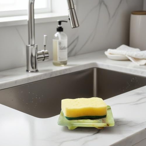 Luxury Handmade Green Calcite Crystal Soap Dish Holder with Drain for Bathroom and Shower, Best Bath Products & Sponge Tray for Kitchen & Housewarming Gifts. - color: Green Calcite