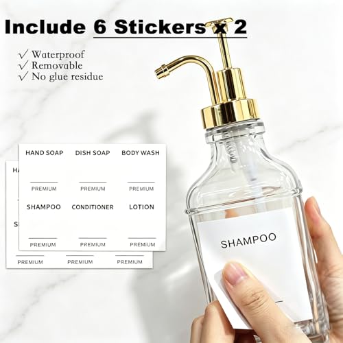 Dish Soap Dispenser for Kitchen, Hand Glass Soap Dispenser Set with Pump, Funnel for Bathroom, Shower, Laundry, Liquid, Lotion (Gold 2 Pack 18 Oz Clear Bottles with 12 Stickers) - color: Gold Square, size: 18Oz