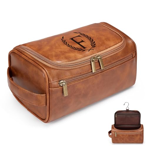 Travel Toiletry Bag Hanging For Mens PU Leather - Yellow Brown (Initial F) | Waterproof Dopp Kit Bag Beach Travel Essentials Bathroom Organizer, Personalized Gifts For Father Husband Groomsmen Birthday - color: Yellow Brown, style: F