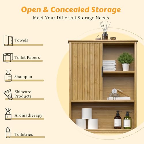Yardenaler Over The Toilet Storage Cabinet with Fluted Doors, Bathroom Over Toilet Rack with Adjustable Shelf Bamboo FreeStanding Space-Saving Storage Organizer, Natural - color: Natural(fluted Doors)