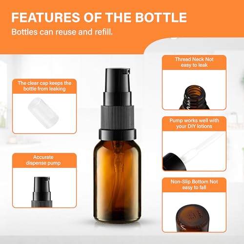 VitalUp 12 Pack Empty Refillable Glass Amber Pump Bottle Ideal for Lotion Cream Essential Oil Travel Small Container, 15ml - size: 12 Pack (15ml)