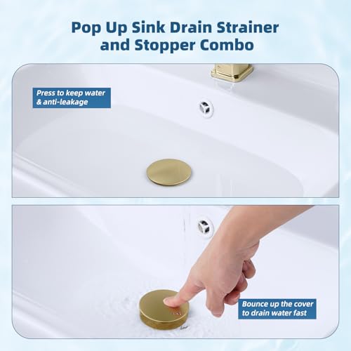 Hibbent Upgraded 3 in 1 Bathroom Sink Drain Strainer, Pop Up Sink Stopper with Big Push Cap, Anti-Clogging Metal Filter Basket,Sink Plug with Hair Catcher for 1.1''~2.36'' Basin, Brushed Gold - color: Brushed Gold