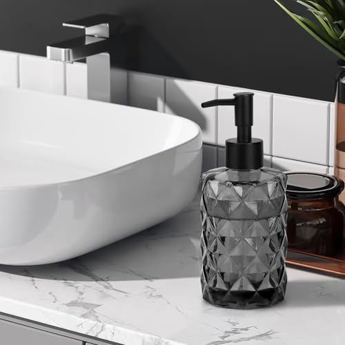 11oz Glass Soap Dispenser with Plastic Pump, Black Bathroom Soap Dispenser for Hand Wash & Dish Wash, Elegant Dispenser for Dishwashing Liquid, Lotion, Essential Oil - color: Black