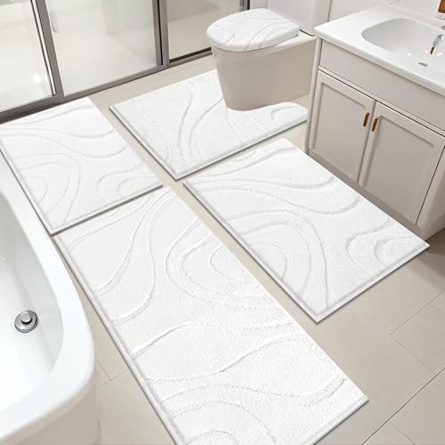 HEBE Bathroom Rugs Sets 5 Piece, Soft Absorbent Microfiber Bath Mat for Bathroom, Non Slip Washable Bath Rug Set with Toilet Cover, Bath Runner and U-Shaped Contour Toilet Rug, White - color: White, size: 18"x26"+20"x32"+20"x48"+U20"x24"+Cover19"x21"