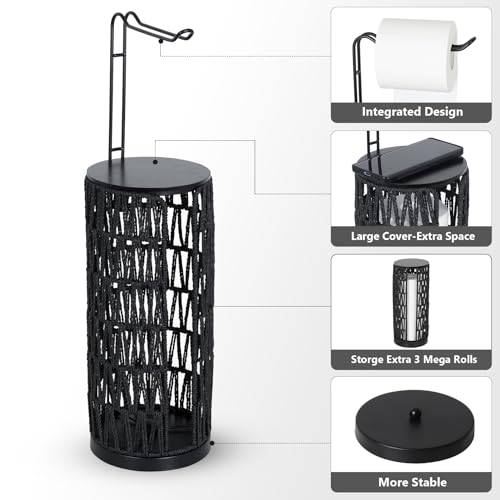 Black Freestanding Toilet Paper Holder with Storage,3 Rolls of Tissue Holder for Bathroom,Handmade Woven Toilet Paper Roll Holder Stand,Rattan Sturdy Boho Bathroom - color: Black