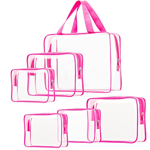 6pcs Clear Cosmetic Bags, TSA Approved Toiletry Bag Set Crystal Clear Travel Beach Essentials Bag Organization PVC, Clear Makeup Bags Luggage Pouch Carry on Airport Airline Compliant Bag Women Men - color: 6pcs Hot Pink（1 Large, 2 Medium, 3 Small）