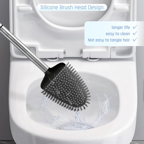 Sellemer Toilet Brush and Holder Set - Flexible Toilet Bowl Brush Head with Silicone Bristles, Compact Size for Storage and Organization, Ventilation Slots Base (4 Pack, Black) - color: Black-4pcs