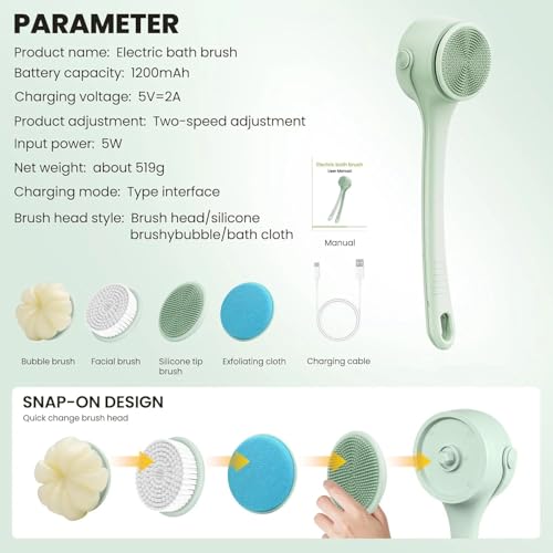 Rechargeable Electric Body & Back Scrubber Brush – Waterproof Spinning Bath Brush with Dual Long Handles & 5 Replaceable Heads for Deep Cleansing, Exfoliating & Massage
