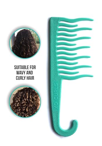 XO Curls Shower Detangling Comb - wide tooth comb with hook for easy hanging in shower, removes knots and tangles gently - color: Green