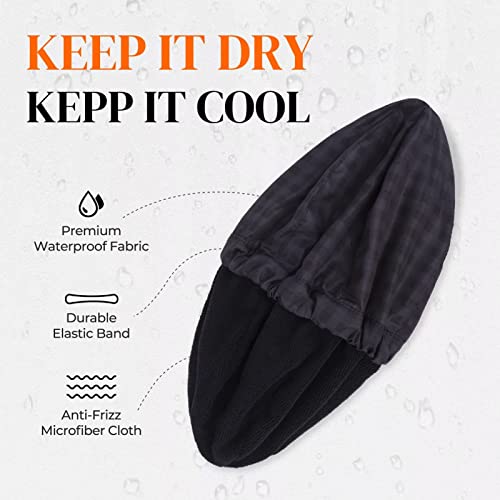 Shower Cap for Men Black Bath Cap, Reversible Large Waterproof Adjustable Shower Caps Terry Lining & Elastic Band Stretch Hem Hair Hat - color: BLACK PLAID