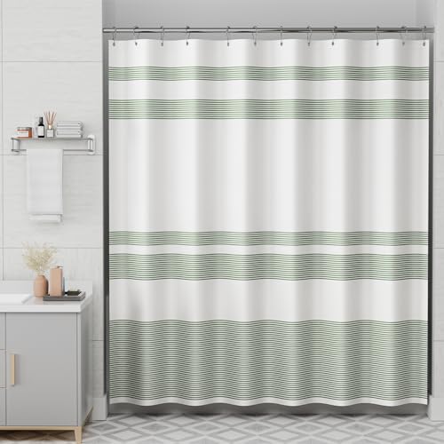 AmazerBath Shower Curtain, Washable Cloth Sage Green with 12 Shower Curtain Hooks, Fabric Green and White Striped Set, Farmhouse Bathroom Shower Curtain, 72x72 Inches - color: A- Sage Green Stripe +12 Metal Hooks, size: 72"W x 72"L (Pack of 1)