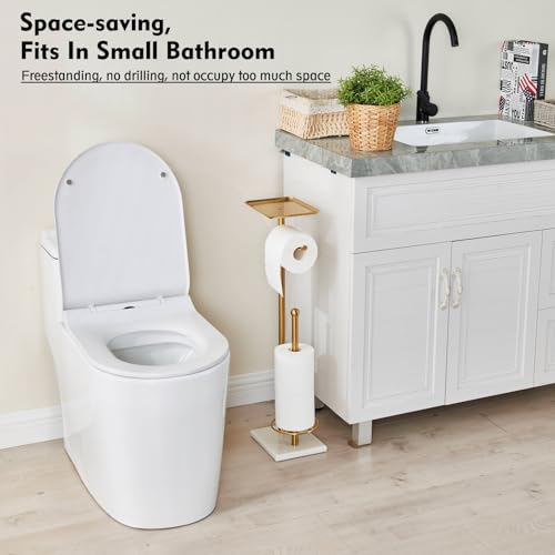 Gold Toilet Paper Holder with Shelf, Free Standing Toilet Paper Holder with Storage - Toilet Paper Stand for Holding Extra 3 Rolls, Tissue Holder for Bathroom (Gold with Marble Base) - color: Gold With Marble Base