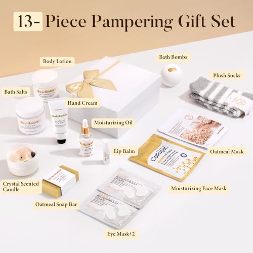Spa Gifts for Women 13Pcs Mothers Day Gifts Happy Birthday Gift Baskets, Christmas Relaxing Home SPA Kit Bath Set Self Care Package Thank You Box for Mom Her Sister Teacher Friends Friendship - color: White