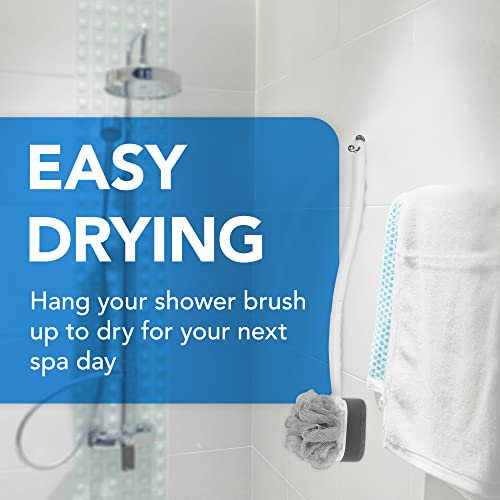 Impresa Extra Long Handle Shower Brush - Dual-Action Loofah & Exfoliating Sponge Body Scrubber - Ergonomic Grip Back Scrub Brush - Replacement Loofah & Sponge Heads - Pack of 2, White