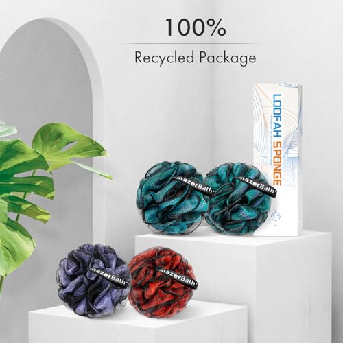 AmazerBath Charcoal Loofah Sponge, Large Shower Loofah 75g/PCS - Body Scrubber Loofa Set of 4 - Charcoal Blue, Green, Purple & Red, Bath Sponge for Men and Women - style: Charcoal Blue, Green, Purple & Red (75g)
