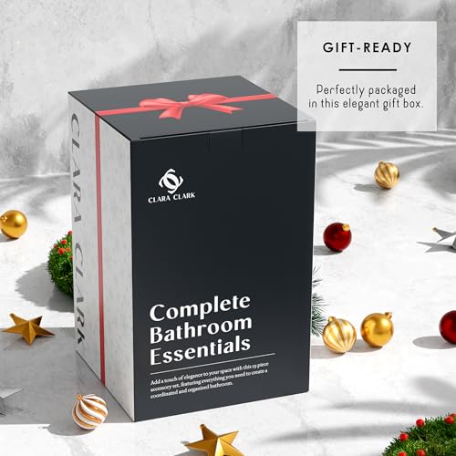 Clara Clark Bathroom Accessories Set - Christmas Shower Curtain Set, Xmas Bathroom Set, Christmas Bathroom Decor, Bathroom Accessory Set, Toilet Brush, Trash Can & Soap Dispenser - 19PC Set - color: Christmas, size: Complete Set