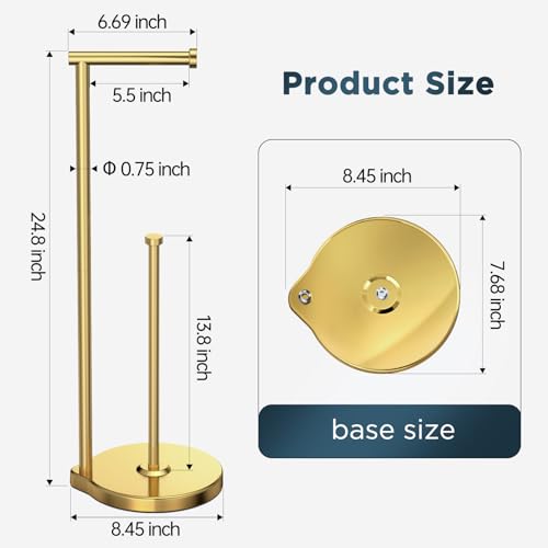theaoo Heavy-Duty Toilet Paper Holder Stand – Modern Freestanding Bathroom Toilet Tissue Paper Roll Holder with Reserve & Storage, Stainless Steel (Brushed Gold, Free Standing) - color: Brushed Gold