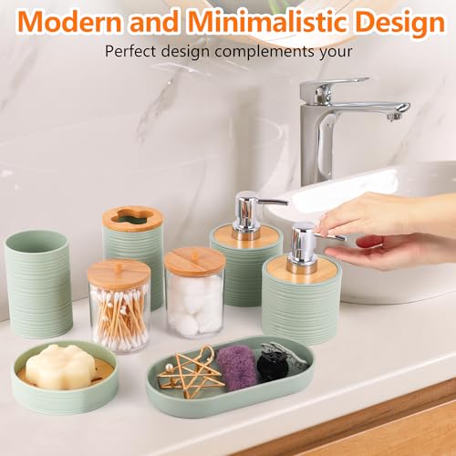 Bathroom Accessory Set,10 PCS LightGreen Bathroom Set with Trash Can,Toothbrush Holder,Soap Dispenser,Toothbrush Cup,Vanity Tray,Soap Dish,Toilet Brush,Qtip Holders - color: Lightgreen