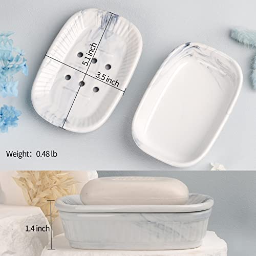 Ceramic Soap Dish, Self-draining Soap Holder, Double Layer Bar Soap Holder Marble Blue, Draining Soap Dishes for Bathroom Shower Kitchen, Easy to Clean, Keep Soap Dry, ANTIS'S HOME - color: Marble Blue