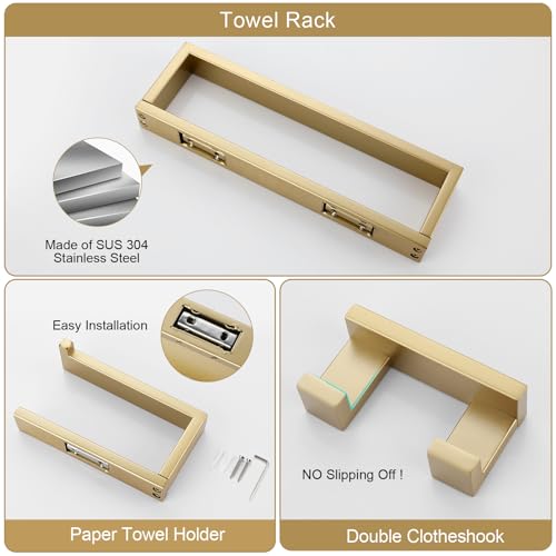3 Pieces Brushed Gold Bathroom Hardware Accessories Set,SUS304 Stainless Steel Towel Holder Set Towel Holder Robe Hook Toilet Paper Holder Wall Mounted - color: Brushed Gold