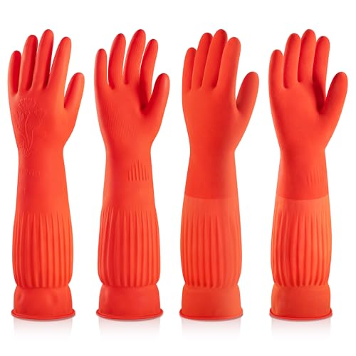 ThxToms Rubber Dishwashing Cleaning Gloves (2-Pair) - Soft Fleece Lining, Reusable, Waterproof with Extra-Long Cuff & Non-Slip Grip for Household & Kitchen Use - Medium - size: Medium (Pack of 4)