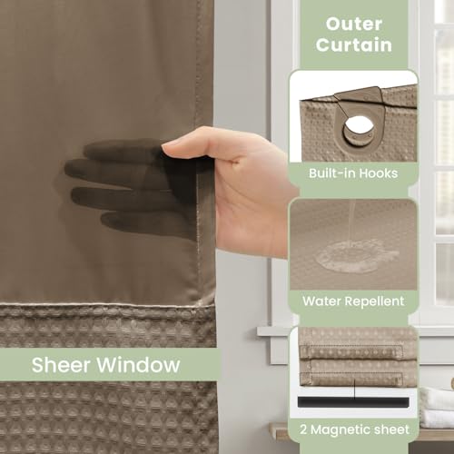 Inhousolu No Hook Shower Curtain with Snap-in Fabric Liner, Waffle Weave 230 GSM Polyester, Weighted Hem, Water Repellent Washable, Mesh Top Window 72" W x 84" L Beige - color: Beige, size: 72"W x 84"L (Pack of 1)