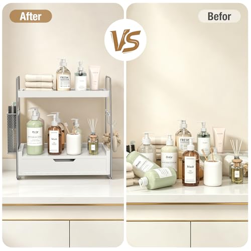 2-Tier Bathroom Counter Organizer with Drawer and Removable Basket, Wood Vanity Countertop Storage for Perfume, Makeup, Skincare, Bathroom Counter Shelf, 13" x 7.9" x 14.5", Silver - color: Silver