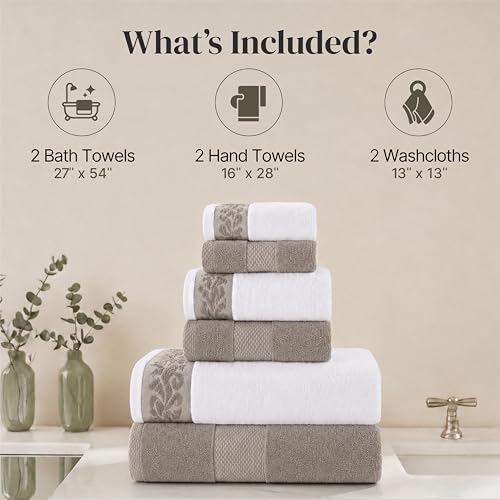 Modern Threads 600 GSM 6-Piece Towel Set with Filgree Jacquard Border Taupe - color: Brown, style: Jacquard Border
