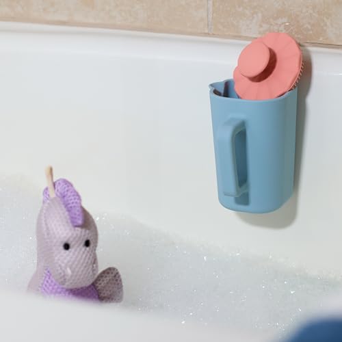 DEMDACO Love to Play Collection Baby Bath Rinse Cup and Silicone Scalp Scrubber Set - Gentle Hair Washing Aid for Infants & Toddlers Soft Silicone Kids' Brush & Ergonomic Rinse Pitcher, Pink