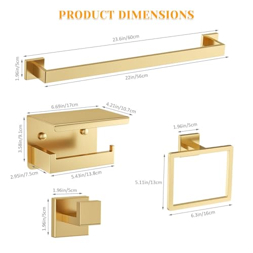 Brushed Gold Towel Bar Set 5 Pieces Bathroom Hardware Accessories Set,Upgraded Toilet Paper Holder with Shelf,Stainless Steel Towel Holder Set for Bathroom,Wall-Mounted 23.6 in - color: 5pcs-gold