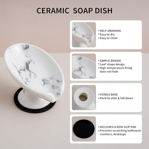 Agyiuns Soap Dish, Marble Soap Holder Self Draining Leaf Shape Soap Dishes,Ceramic soap Holder for Shower，Bathroom Sink, Kitchen (1, Marble) - color: Small Size-marble