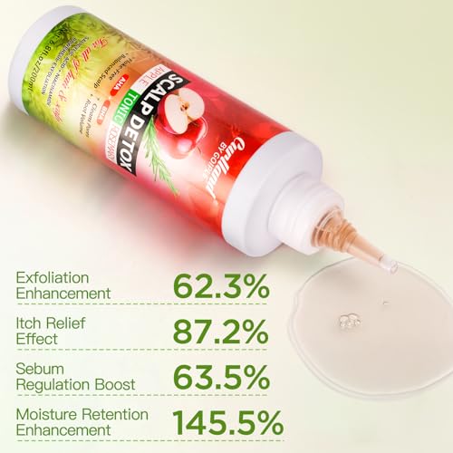 Rosemary & Apple Scalp Exfoliating Tonic - Scalp Detox Serum Deep Cleansing & Clarifying Treatment for Buildup, Dry Flaky Scalps - Soft Silicone Hair Scalps Massager Shampoo Brush for All Hair Types