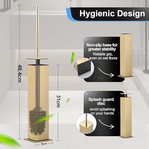 BVL Toilet Brush and Holder Set Gold Stainless Steel 304 Square Freestanding Toilet Brush for Bathroom - color: Gold