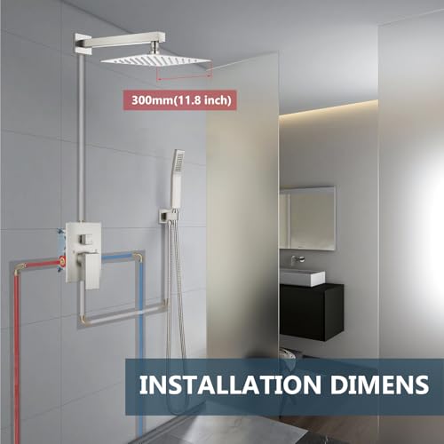 Aolemi Shower Faucet Set Rain Shower System with Handheld Spray Bathroom Shower Combo Rough-in Valve and Shower Trim Kit Included Brushed Nickel 12 Inch Wall Mount Shower Head - color: Brushed Nickel, size: 12 Inch Wall Mount Shower Head
