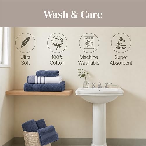 Modern Threads 6-Piece Towel Set – 100% Cotton, Quick Dry, Ultra Absorbent – Includes 2 Bath, 2 Hand, 2 Washcloths (White/Reinhart Blue) - color: Blue, style: Classic Stripe